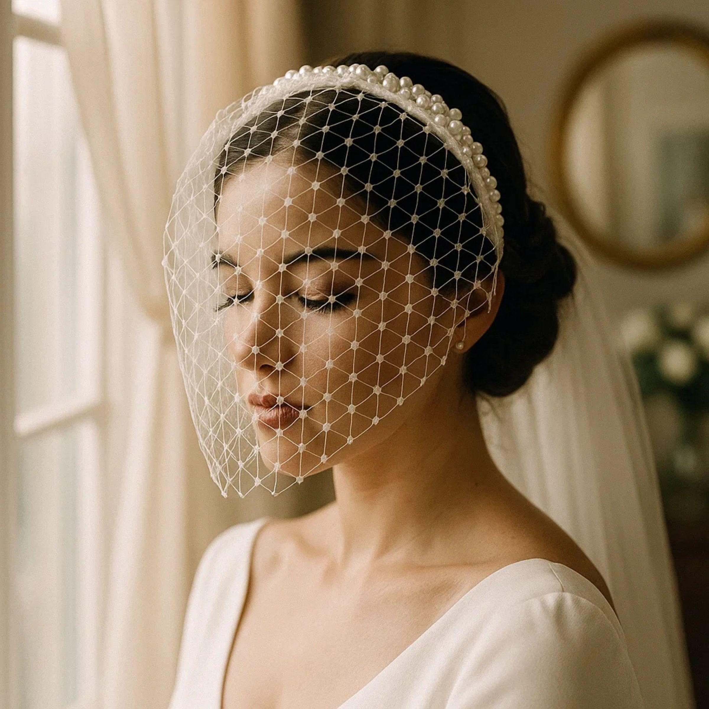 Pearl Birdcage Veil, Bridal Headband, Wedding Face Veil 