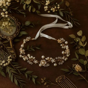 Gold Floral Pearl Bridal Hair Vine: Crystal Wedding Headpiece