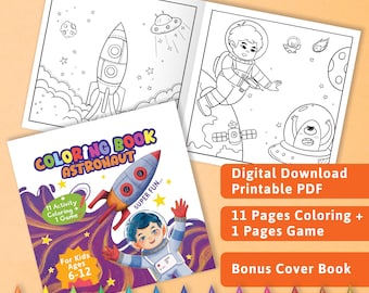 May include: A digital coloring book titled Coloring Book Astronaut featuring a rocket and an astronaut on the cover, with two interior pages showing space-themed line art, surrounded by a border of colorful pencils on a light orange background.