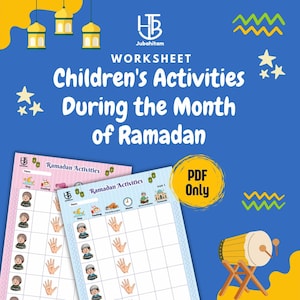 Może przedstawiać: Cyfrowy arkusz zadań zatytułowany Children's Activities During the Month of Ramadan, zawierający dwie strony do druku z tabelami do śledzenia codziennych czynności, z ilustracjami latarni, bębna i postaci na niebieskim tle.