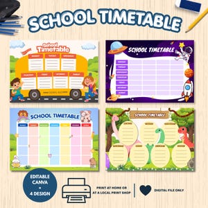 May include: Four school timetable templates featuring colorful illustrations of a yellow school bus, outer space with an astronaut, a garden with animals, and a prehistoric jungle with dinosaurs. Each grid includes space for weekly planning.
