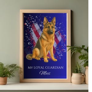 Deutscher Schäferhund ART PRINT druckbare Kunst - Personalisiertes Hundenamen Poster, USA Military Flagge, digitaler Download, Militär, + Malseite