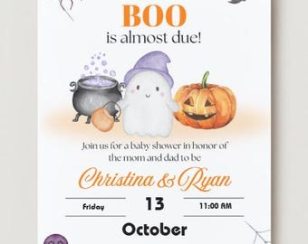 A Little Boo Is Almost Due Halloween Baby Shower Invitation | Ghost Pumpkin Cauldron Theme | Editable Canva Template | Spooky Cute Invite