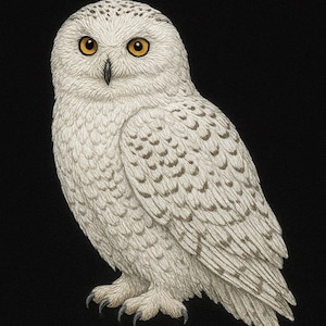 May include: A detailed illustration of a snowy owl on a black backdrop. The owl is rendered with white plumage, brown markings, and striking yellow eyes. The artwork highlights the owl's sharp talons and beak.