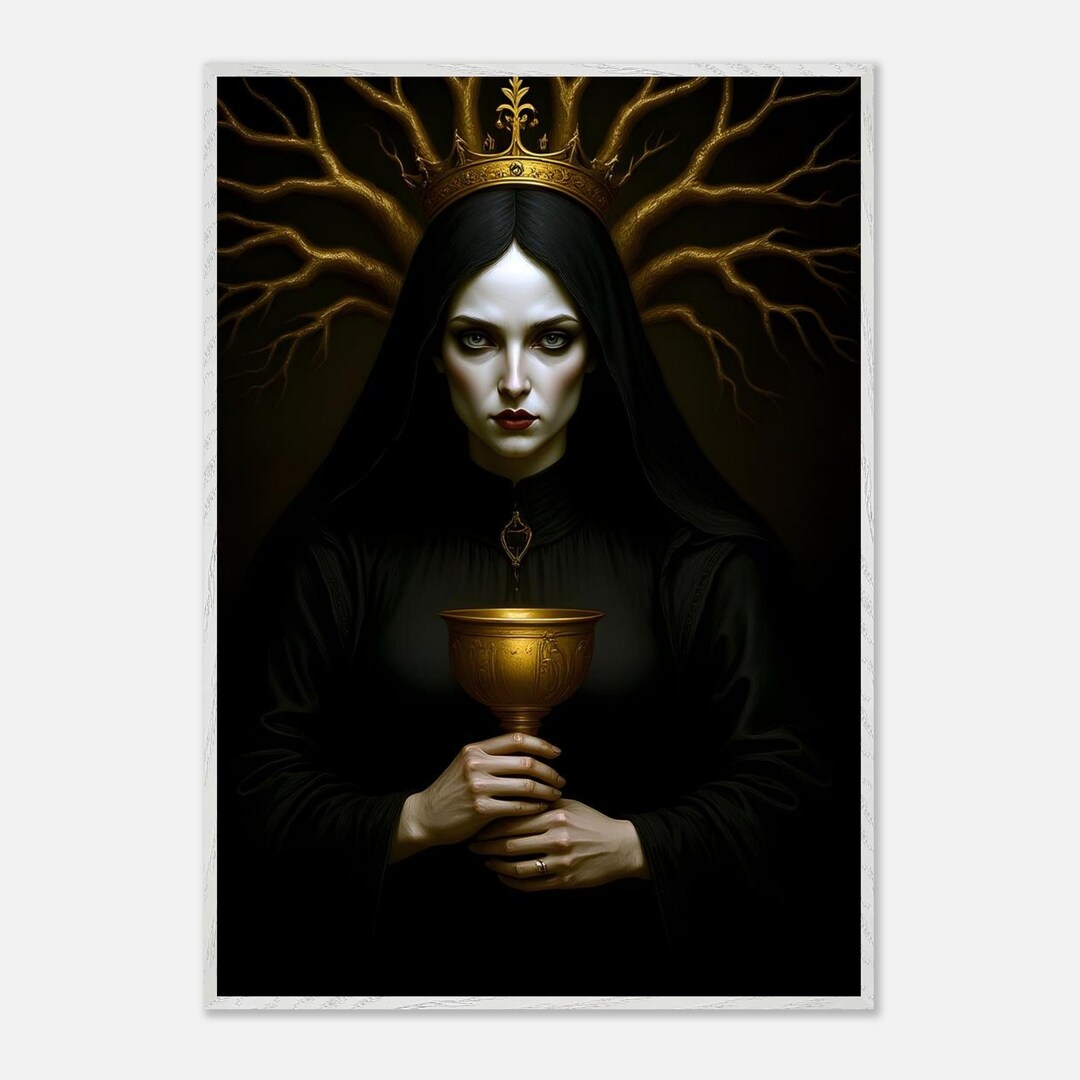 Gothic Dark Queen Painting: Regal Portrait With Golden Goblet Crown - Etsy
