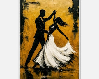Elegant Ballroom Dance Silhouette Painting: Romantic Gold & Black Wall Art