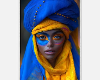 Bold African-Inspired Portrait – Tribal Face Paint & Vibrant Blue and Yellow Turban Art  African portrait