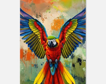 Doek kleurrijke papegaai ‒ Exotische vogel Muurdecoratie voor jungle Tropische thema's Grote kleurrijke ara papegaai kunst aan de muur