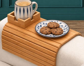 Perfect Father's Day Gift - Couch Arm Table with Mug Holder, Wooden Sofa Armrest Tray, Space Saving Sofa Organizer, Gift for Him