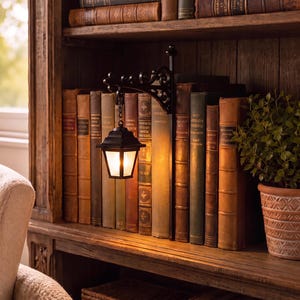 May include: A black metal wall-mounted lantern lamp with a scrollwork bracket, featuring a hexagonal housing with frosted glass panels. The lamp emits a warm, glowing light and is positioned between several vintage hardcover books on a wooden shelf.