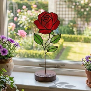Personalized June Birth Flower Rose Stained Glass - Custom Engraved Wood Base Suncatcher - Mother's Day Gift & Memorial Gift for Loved Ones