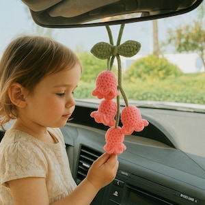 Crochet Lily of the Valley Car Mirror Hanging, Handmade Knitted Rear View Mirror Accessories, Car Plant Hanging, Crochet Car Mirror Hanging