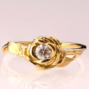 Rose Engagement Ring, 14K Gold and Diamond engagement ring, engagement ring, leaf ring, flower ring