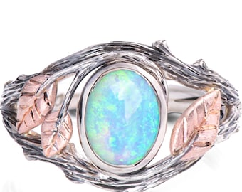 Oval Opal Twig and Leaf Engagement Ring
