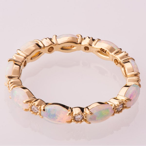 Natural Australian Opals and Diamonds Eternity Ring