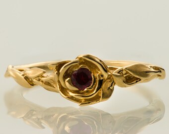 Rose Engagement Ring, 14K Gold and Ruby engagement ring, engagement ring, leaf ring, flower ring, antique, art nouveau, vintage