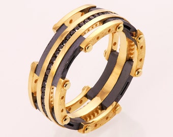 Men&#39;s Wedding Band, Gold Wedding Band, Gold and Black Diamond Wedding band, Mens engagement ring, Wedding ring, black and gold ring, BNG 3D