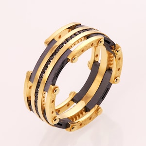 Men&#39;s Wedding Band, Gold Wedding Band, Gold and Black Diamond Wedding band, Mens engagement ring, Wedding ring, black and gold ring, BNG 3D