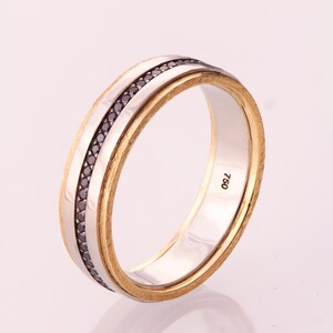Gold Wedding Band, Men&#39;s 14K Gold and Black Diamond Wedding band, steampunk Wedding ring, mens engagement ring, two tone wedding band, 18