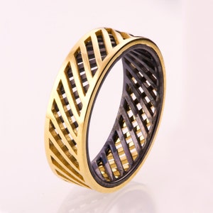 Gold Wedding Band, Men's 14K Gold and Oxidized Silver Wedding band, Wedding ring, black and gold ring, grooms band, two tone band, grid 3