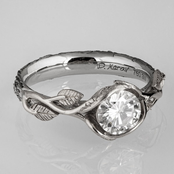 Solid 14k White Gold 1ct Moissanite Twig and Leaves Engagement Ring