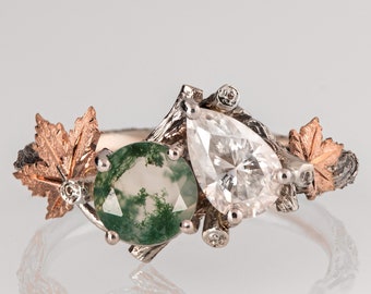 Moi et Toi Twig and Maple Leaves Engagement Ring, Green Moss-Agate and Pear Diamond Two Stone Ring