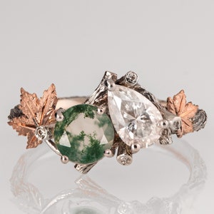 Toi et Moi Twig and Maple Leaves Engagement Ring, Green Moss-Agate and Pear Diamond Two Stone Ring