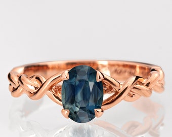 Solid Rose Gold and Oval Teal Green Sapphire Braided Engagement Ring