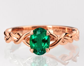 Solid Rose Gold and Oval Green Emerald Braided Engagement Ring