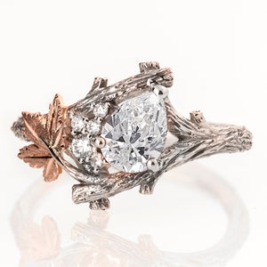 Zweig und Blatt Verlobungsring, Birne Moissanite und Runde Moissanites Cluster Verlobungsring, Ahornblattring, Birnen Moissanit Zweig Ring