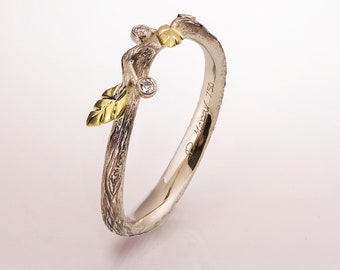Twig and Leaf Wedding Ring: 14k Rose Gold Bark Ring with Diamonds