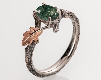 Twig and Oak Leaf Moss Agate Engagement Ring, Oval Moss Agate Twig engagement ring