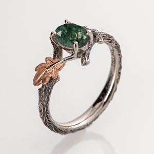 Twig and Oak Leaf Moss Agate Engagement Ring, Oval Moss Agate Twig engagement ring