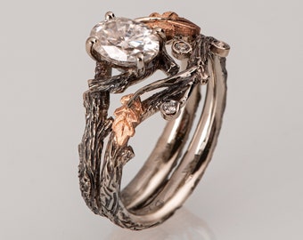 Twig and Oak Leaf Bridal Set, Oval Moissanite Twig engagement ring