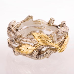 Twig and Leaf Wedding Ring, Twig Wedding band, Leaf Wedding Ring, Bark Wedding Ring, Unique Wedding ring, Two tone Wedding band, 12L