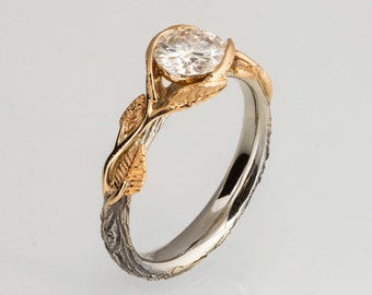 Solid 14k Gold 1ct Moissanite Twig and Leaves Engagement Ring