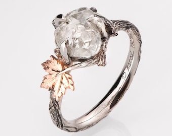 Large Raw Diamond Maple Leaf Ring, Twig and Leaf Large Rough Diamond Engagement Ring