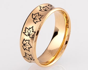 Maple Leaves Wedding Band, Black and Gold Wide Band