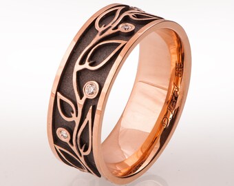 Black Wedding Band, Rose Gold and Diamonds Ring, Leaves Wedding Band