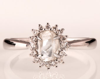 Rough Diamond Halo Engagement Ring, 18k White Gold, Uncut Gemstone Ring