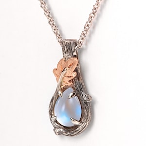 Black Twig and Oak Leaf Pear Moonstone Pendant