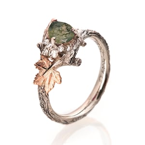 Zweig und Blatt Verlobungsring, Birne Moos Achat und Diamanten Cluster Verlobungsring, Ahornblatt Ring, Moos Achat Ring