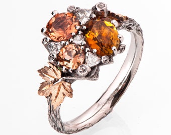 Multi-Stone Maple Leaf Statement Ring with Tourmaline and Diamonds Cluster