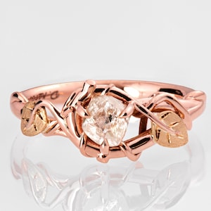 Twig and Leaf Raw Diamond Engagement Ring: Two-Tone 14k Gold