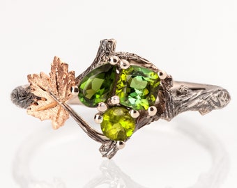 Black and Rose Gold Twig and Maple Leaf Green Tourmaline Cluster Multi-stone Engagement Ring