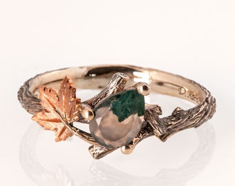 Twig and Leaf Engagement Ring, Moss Agate engagement ring, Maple Leaf Ring, Moss Agate twig ring