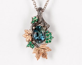 Black Twig and Maple Leaves Pendant Set With Teal Sapphire and Green Emeralds