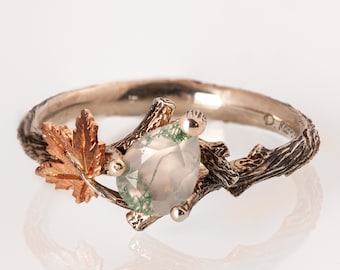 Twig and Leaf Engagement Ring, Moss Agate engagement ring, Maple Leaf Ring, Moss Agate twig ring