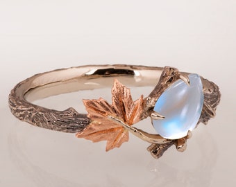 Twig and Leaf Engagement Ring, Moonstone engagement ring, Maple Leaf Moonstone Ring, Moonstone twig ring