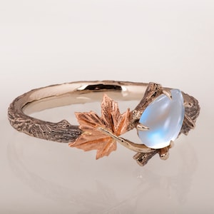 Twig and Leaf Engagement Ring, Moonstone engagement ring, Maple Leaf Moonstone Ring, Moonstone twig ring